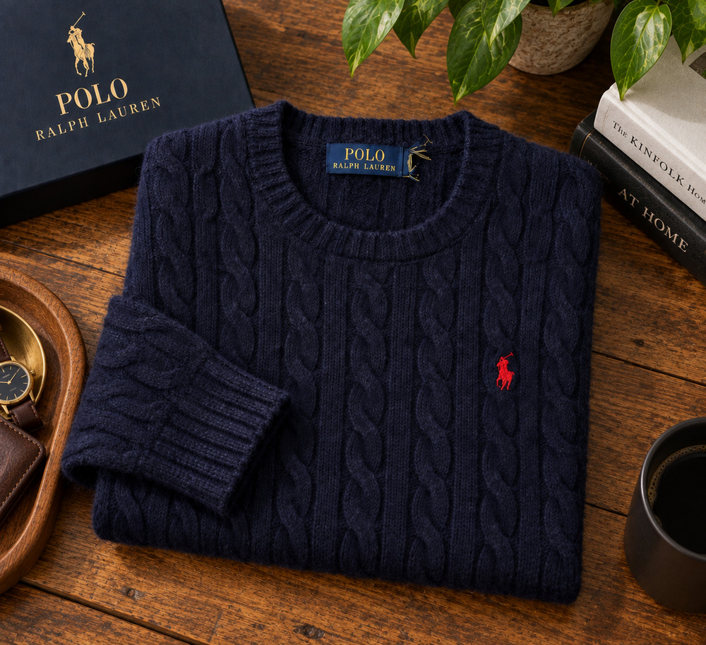 Polo Ralph Lauren Wool Cashmere Cable Knit Crewneck Sweater Men's Large Navy